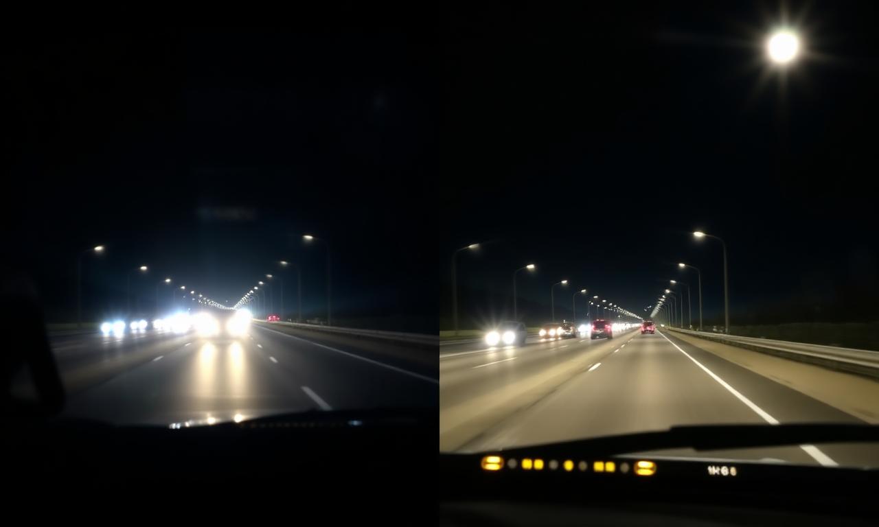 Comparison: without PolorVision driving glasses vs with — night highway clarity